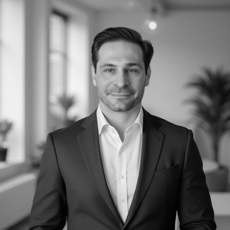 Black and white portrait of Marco Piu in a business suit